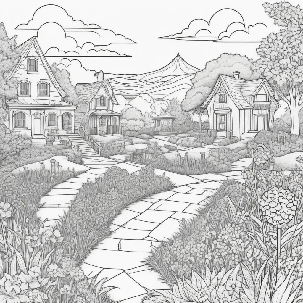 Memorial Day Coloring Page: A Landscape with Houses and Flowers