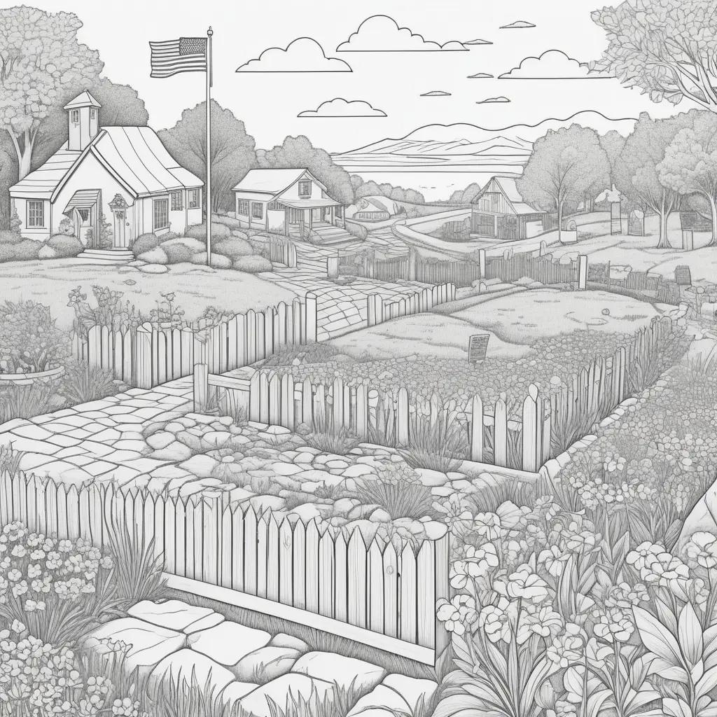 Memorial Day Coloring Page: A country church with a flag on a flagpole