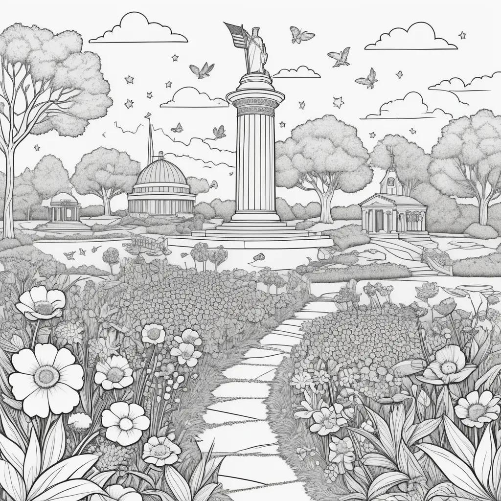 Memorial Day Coloring Page with Monument and Flowers