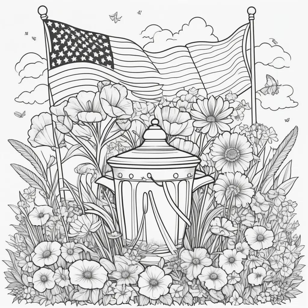 Memorial Day Coloring Pages with Flags, Flowers, and Fire Hydrant