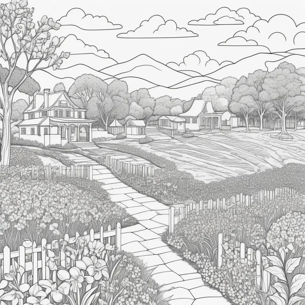 Memorial Day Coloring Pages with a house, flowers, and sky