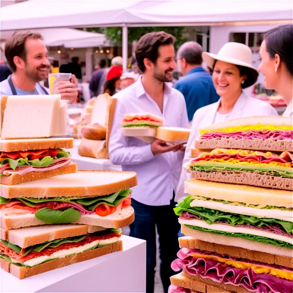 屋外イベントでおいしいサンドイッチを披露する男性と女性
