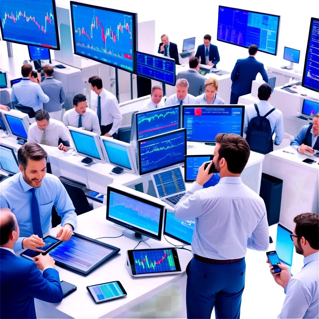 Men in a stock market office looking at computer screens