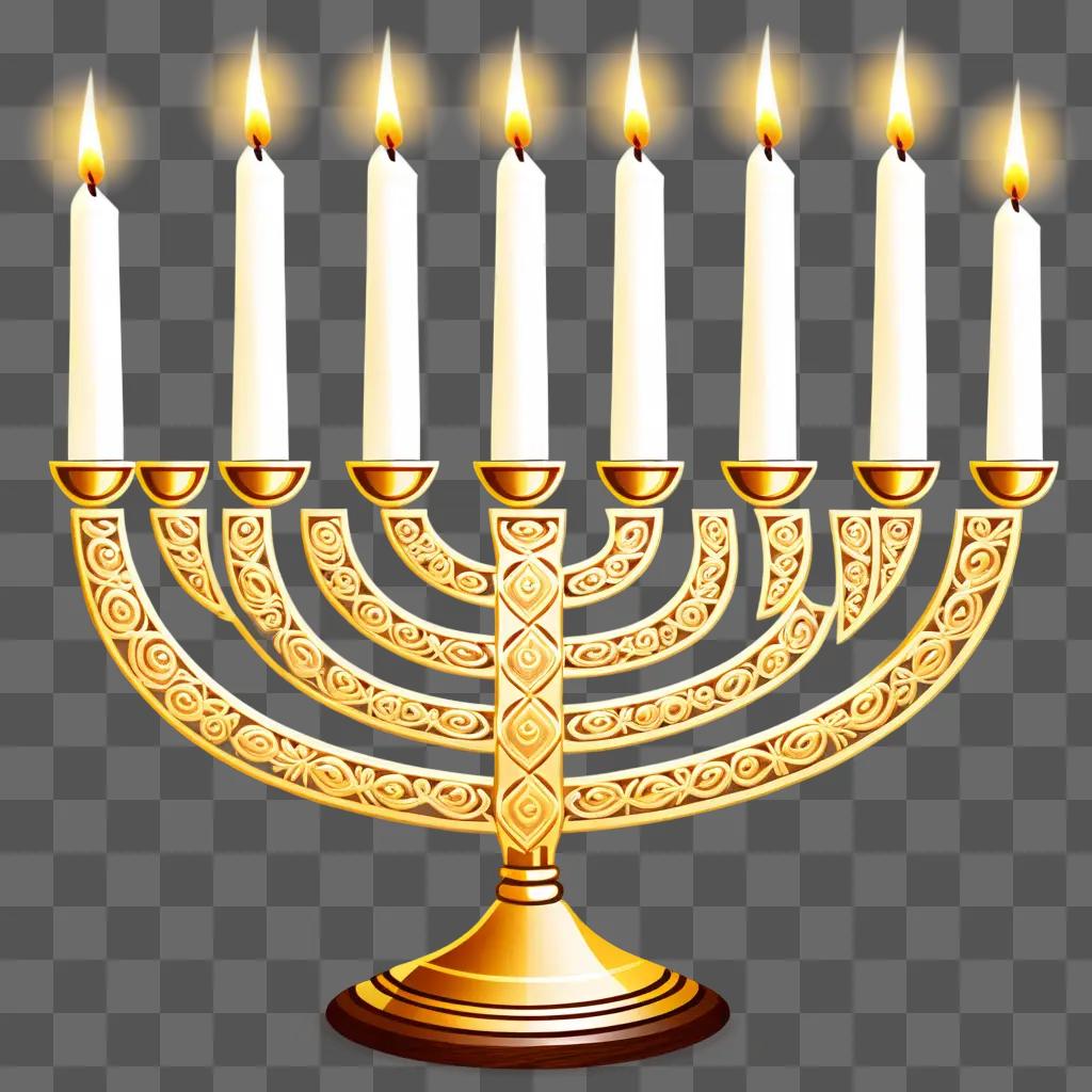 Menorah with lit candles and gold accents