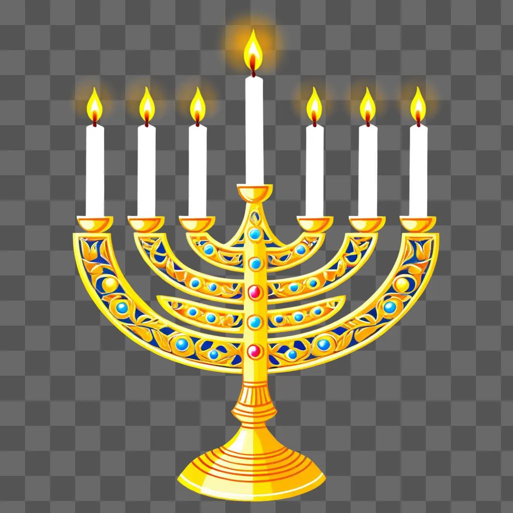 Menorah with lit candles on a yellow background