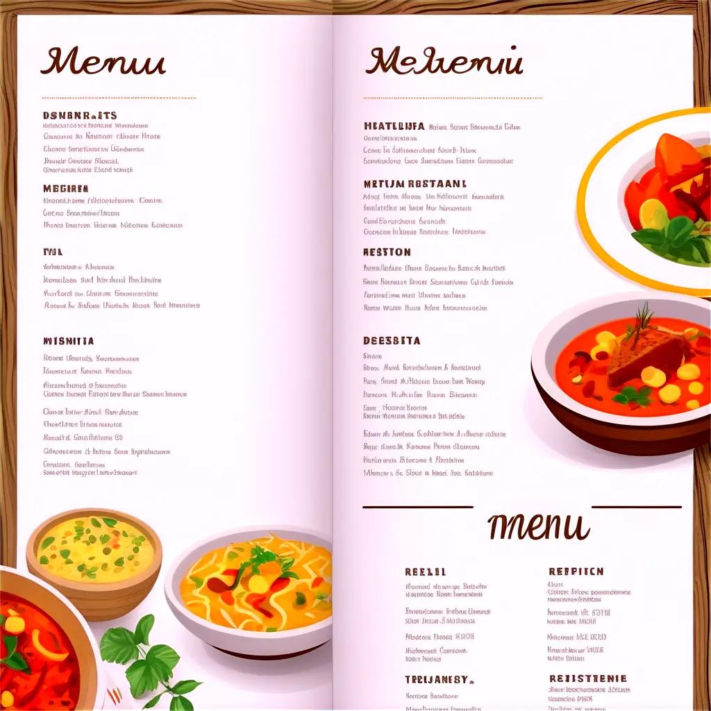 Menu of different dishes and drinks