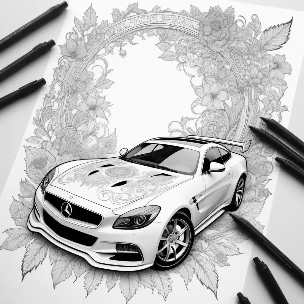 Mercedes-Benz coloring page with a black and white drawing