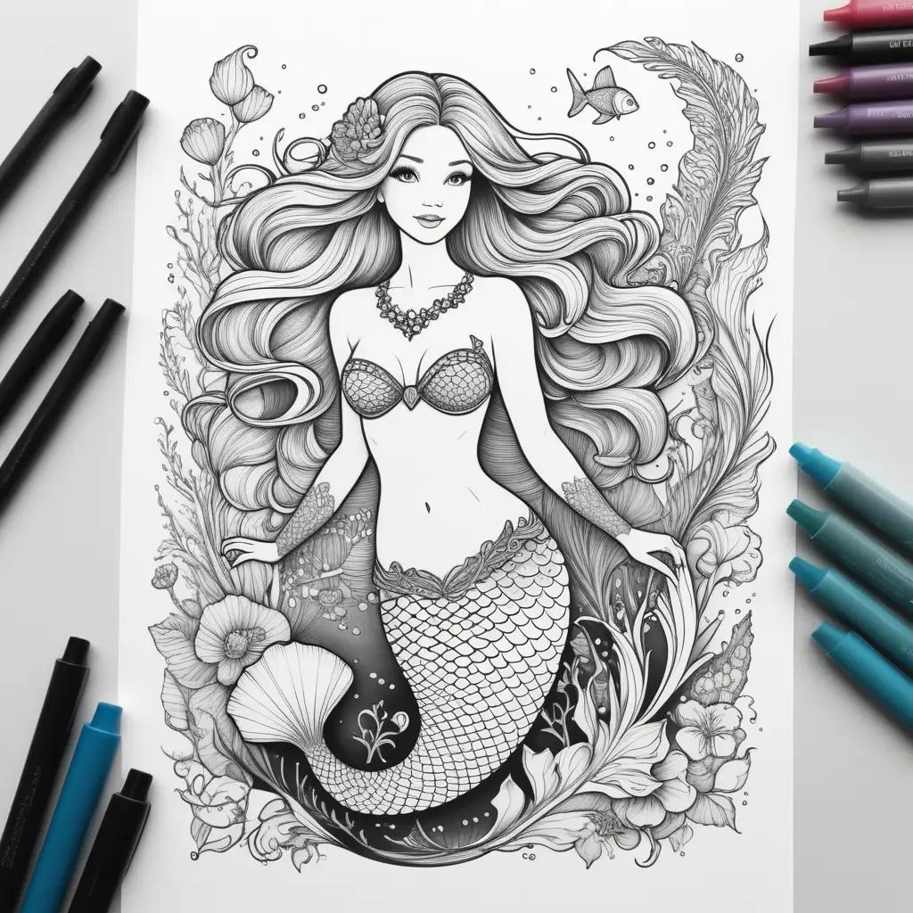 Mermaid coloring page with markers and pencils