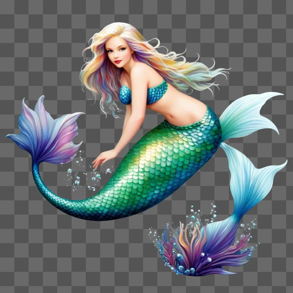 Mermaid in a blue and green tail with purple and pink flowers