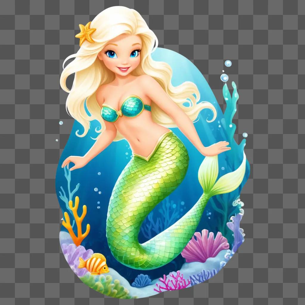 Mermaid with starfish and fish in a circle