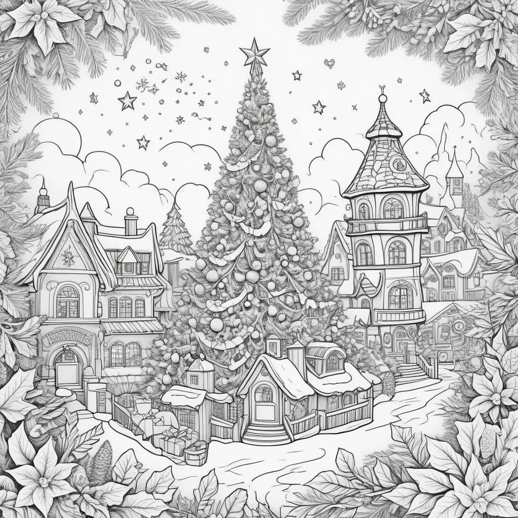 Merry Christmas Coloring Pages Featuring a Christmas Tree and Houses