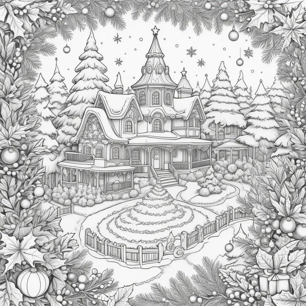 Merry Christmas Coloring Pages is a black and white image of a snowy scene featuring a house, trees, and a tree topper