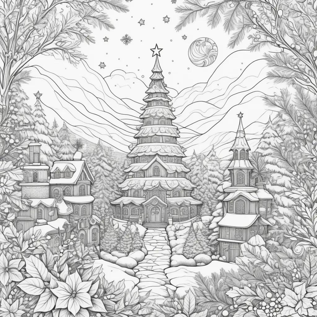 Merry Christmas coloring pages featuring a snowy scene with a tree and stars