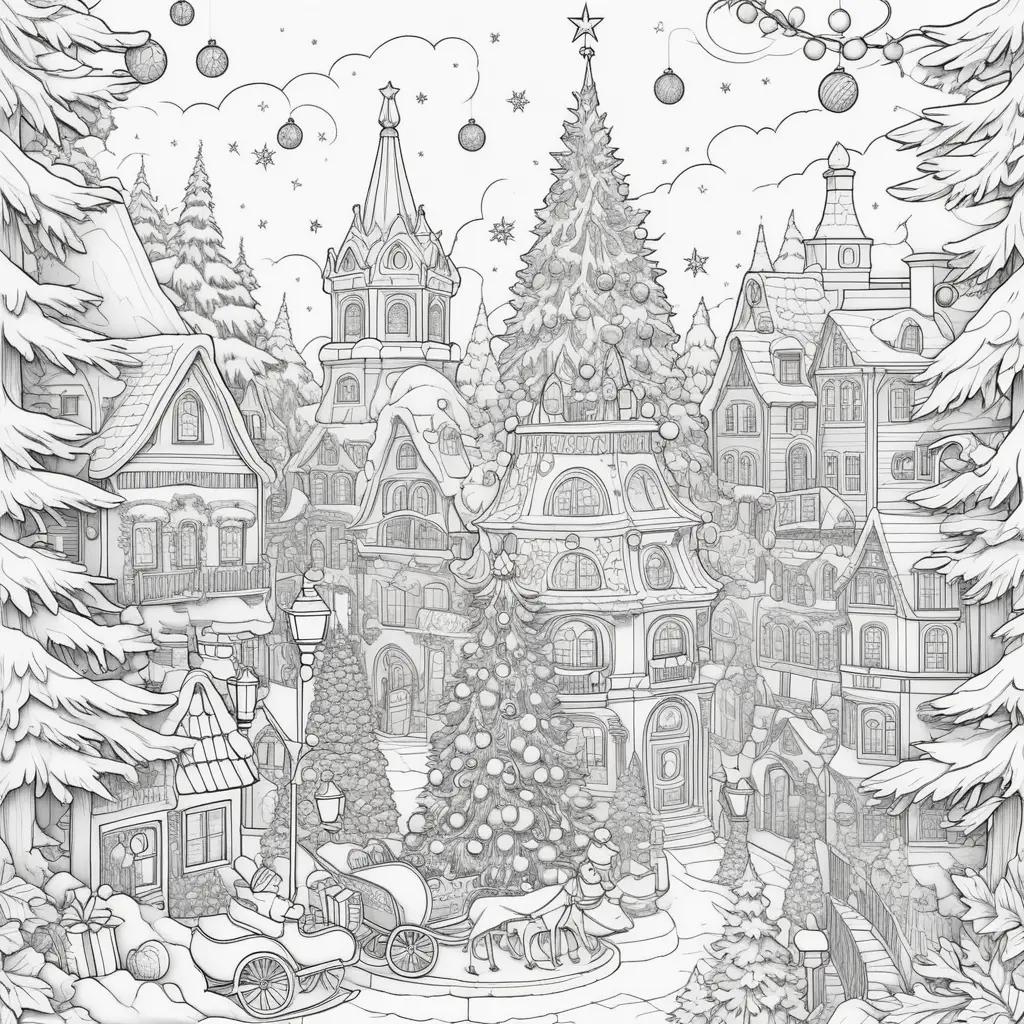 Merry Christmas coloring pages with buildings and trees