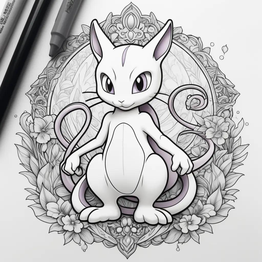 Mewtwo Coloring Page Featuring a White and Black Cat