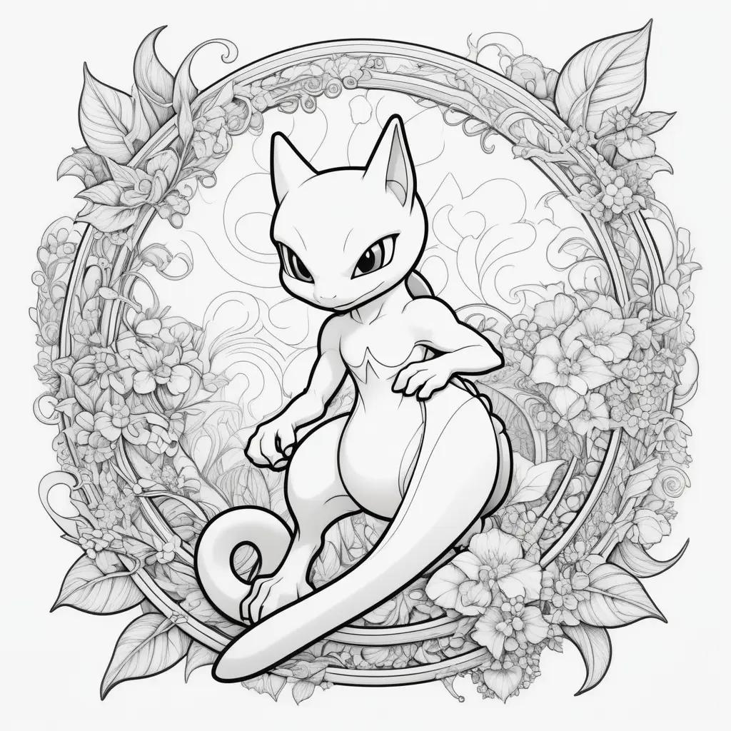 Mewtwo coloring page in a floral background