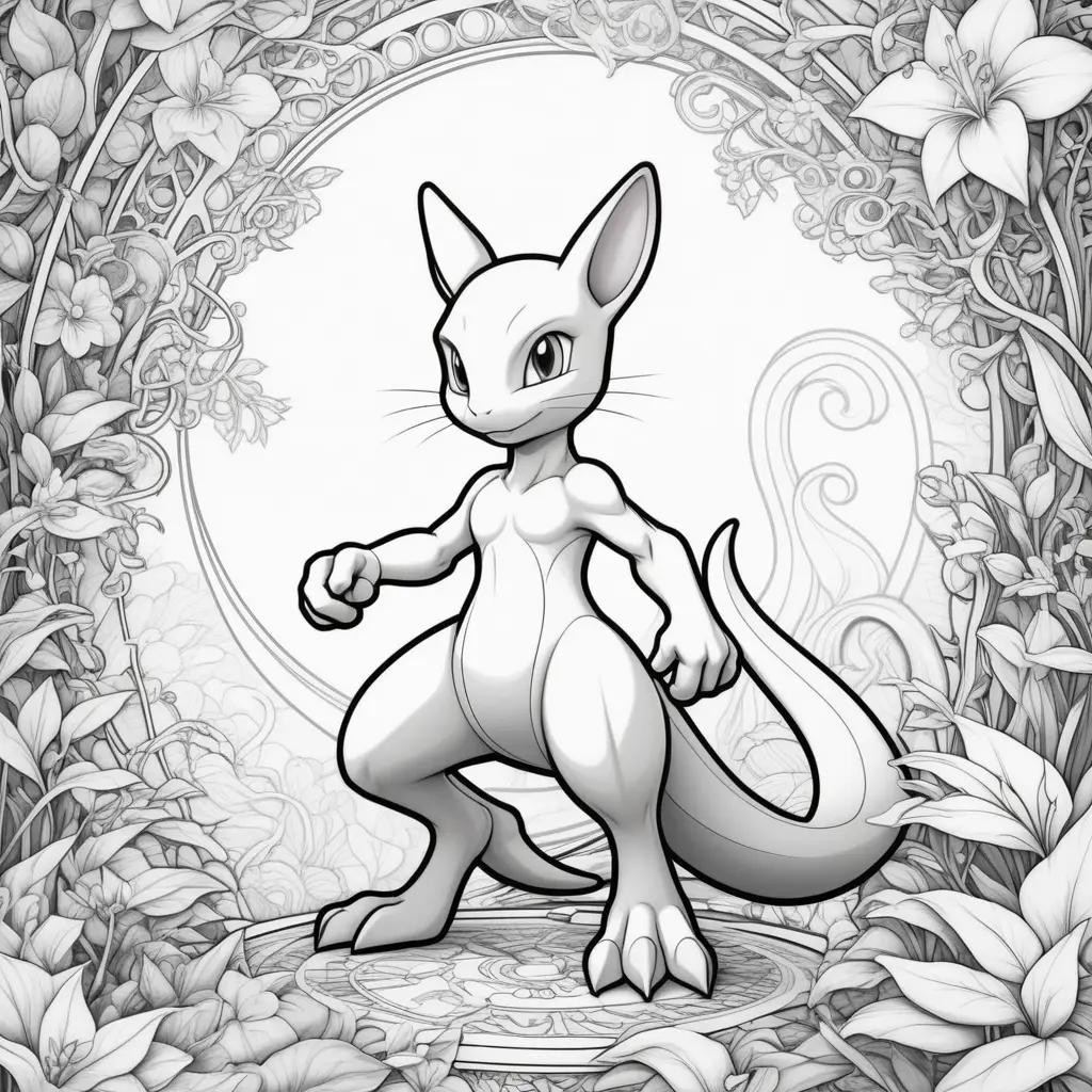 Mewtwo coloring pages with black and white illustration