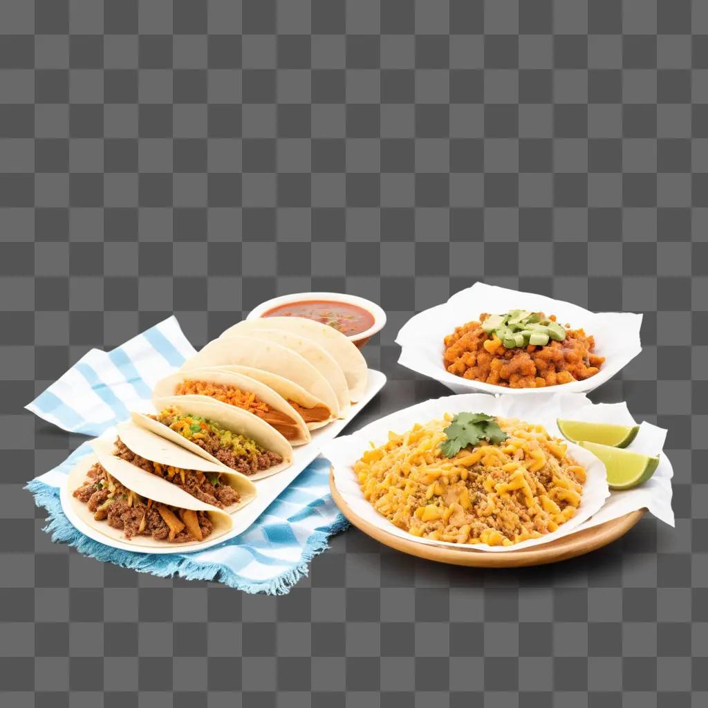 テーブルの上にタコスと豆を載せたメキシコ料理