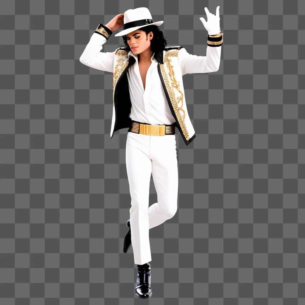 Michael Jackson dressed in white and black with hat