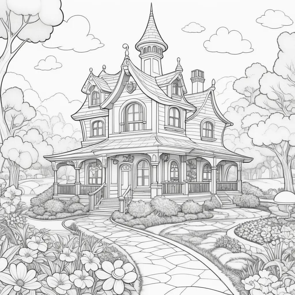 Mickey Mouse Clubhouse Coloring Pages: An Elegant Drawing of a House with a Garden and Flowers