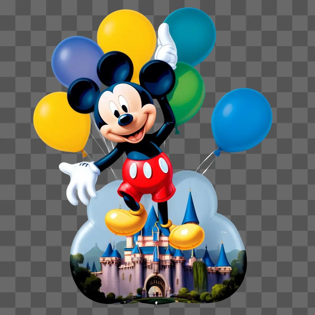 Mickey Mouse character with balloons above him