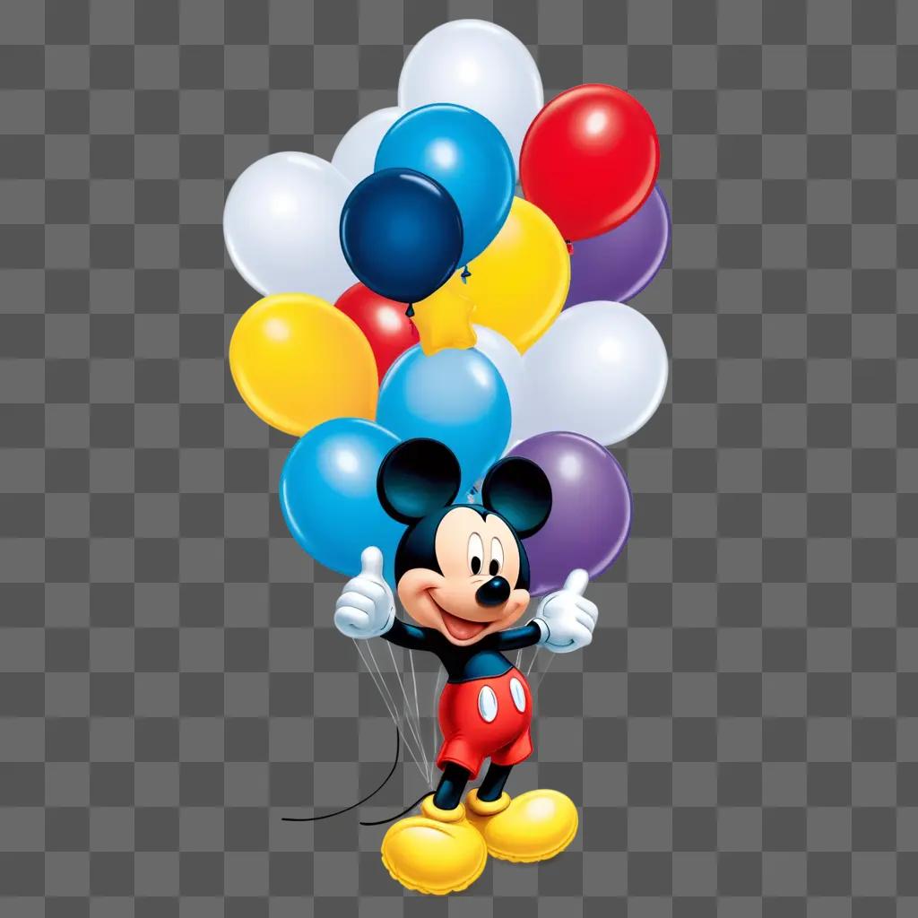 Mickey Mouse character with balloons in the background