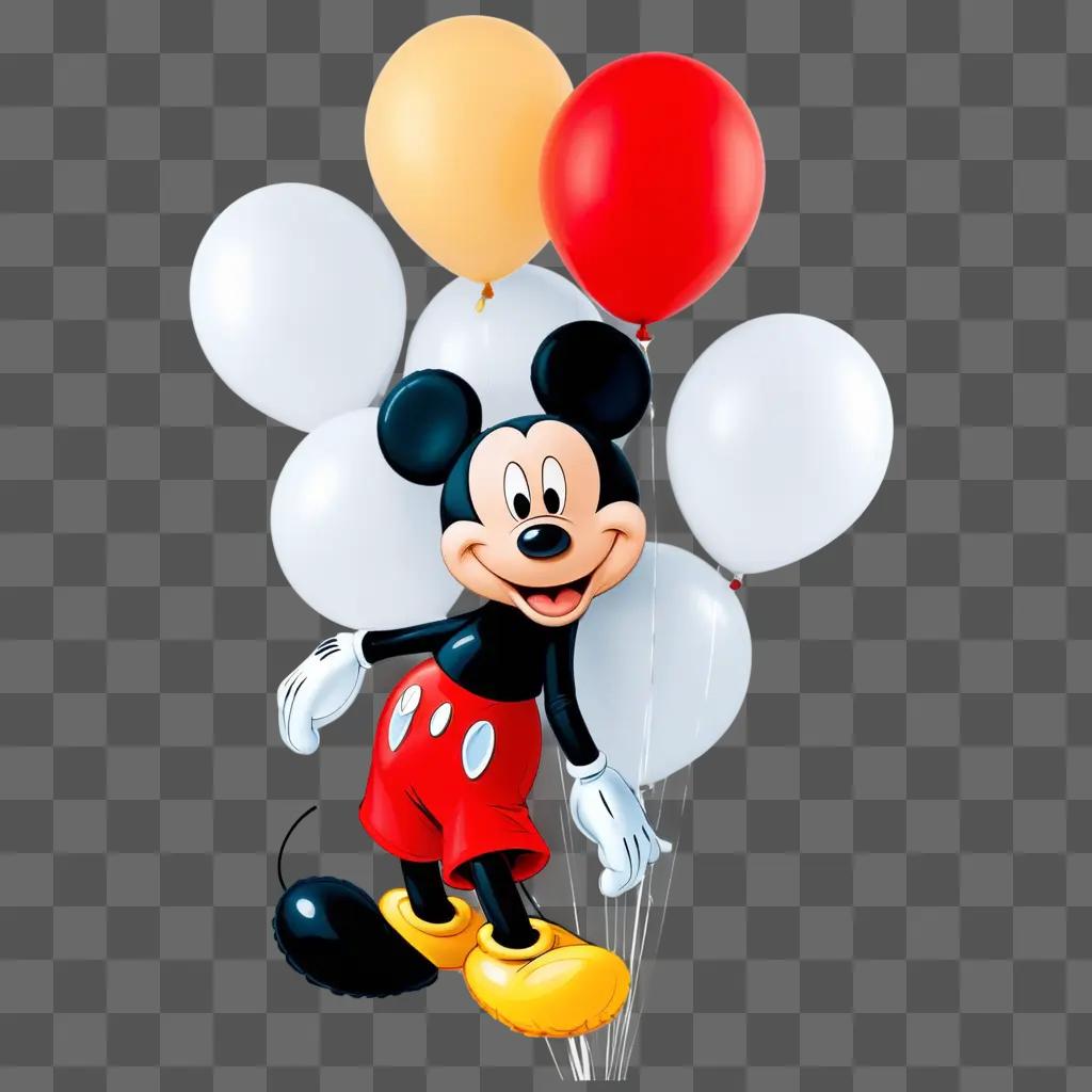 Mickey Mouse character with balloons in the background