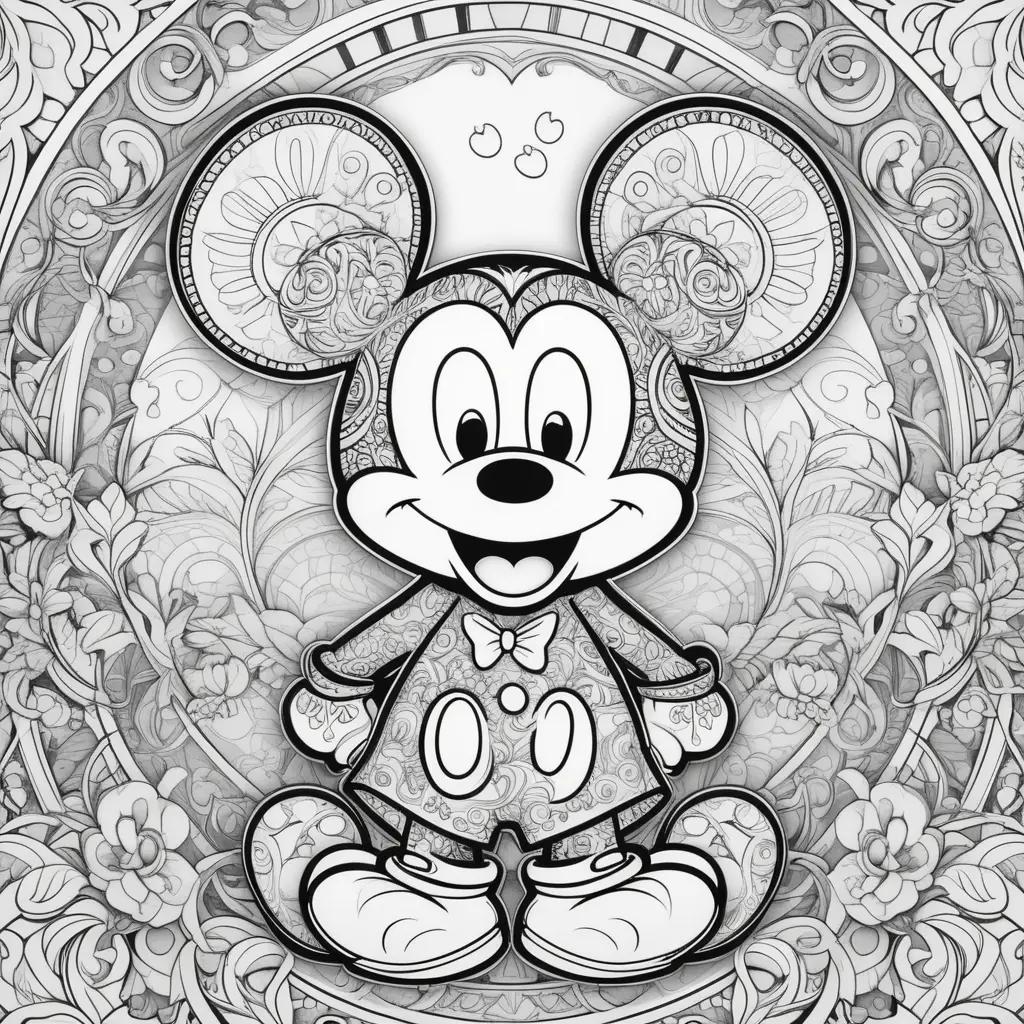 Mickey Mouse coloring page with a bow tie and flowers