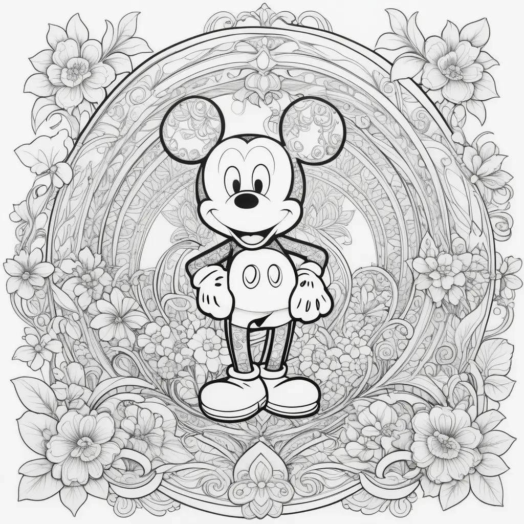 Mickey Mouse coloring page with a flower background