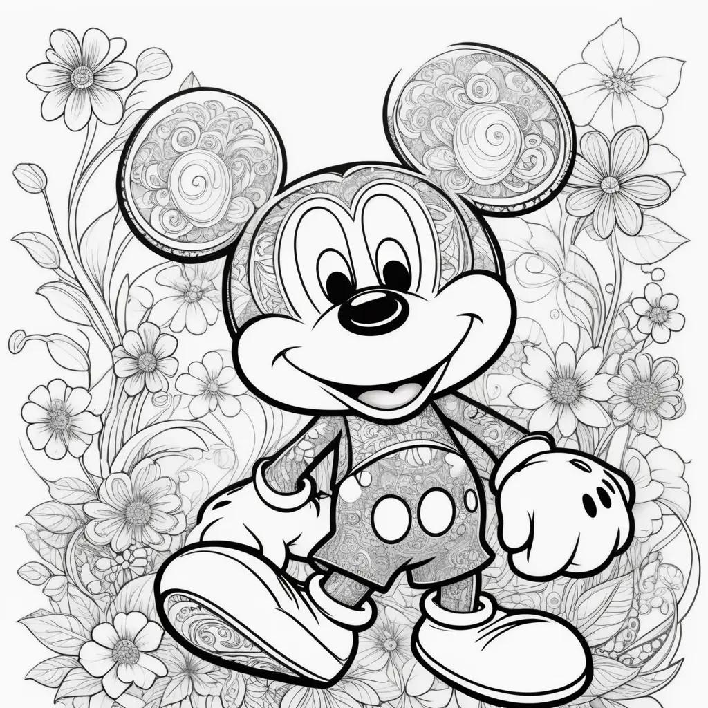 Mickey Mouse coloring page with flowers and dots