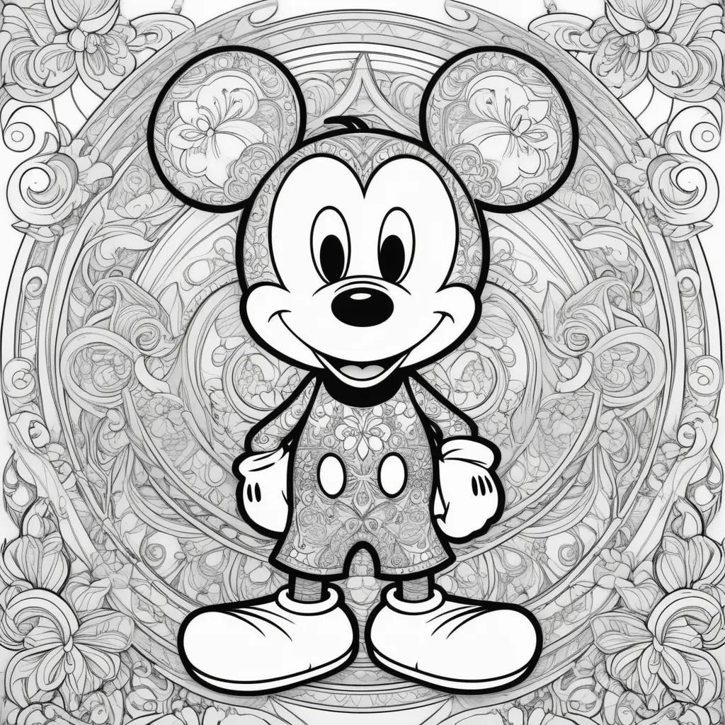 Mickey Mouse coloring page with intricate patterns and designs