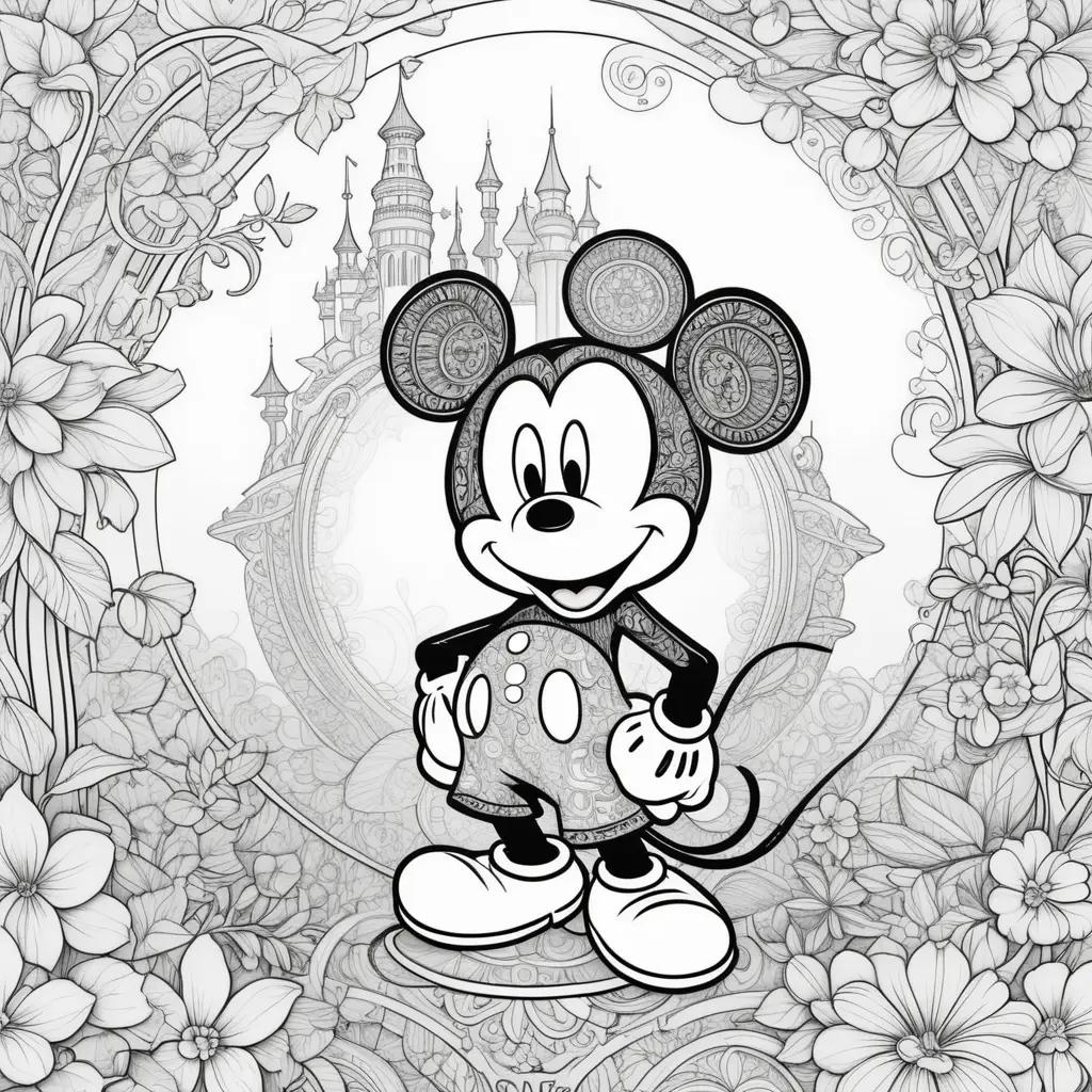 Mickey Mouse coloring pages with castle and flowers