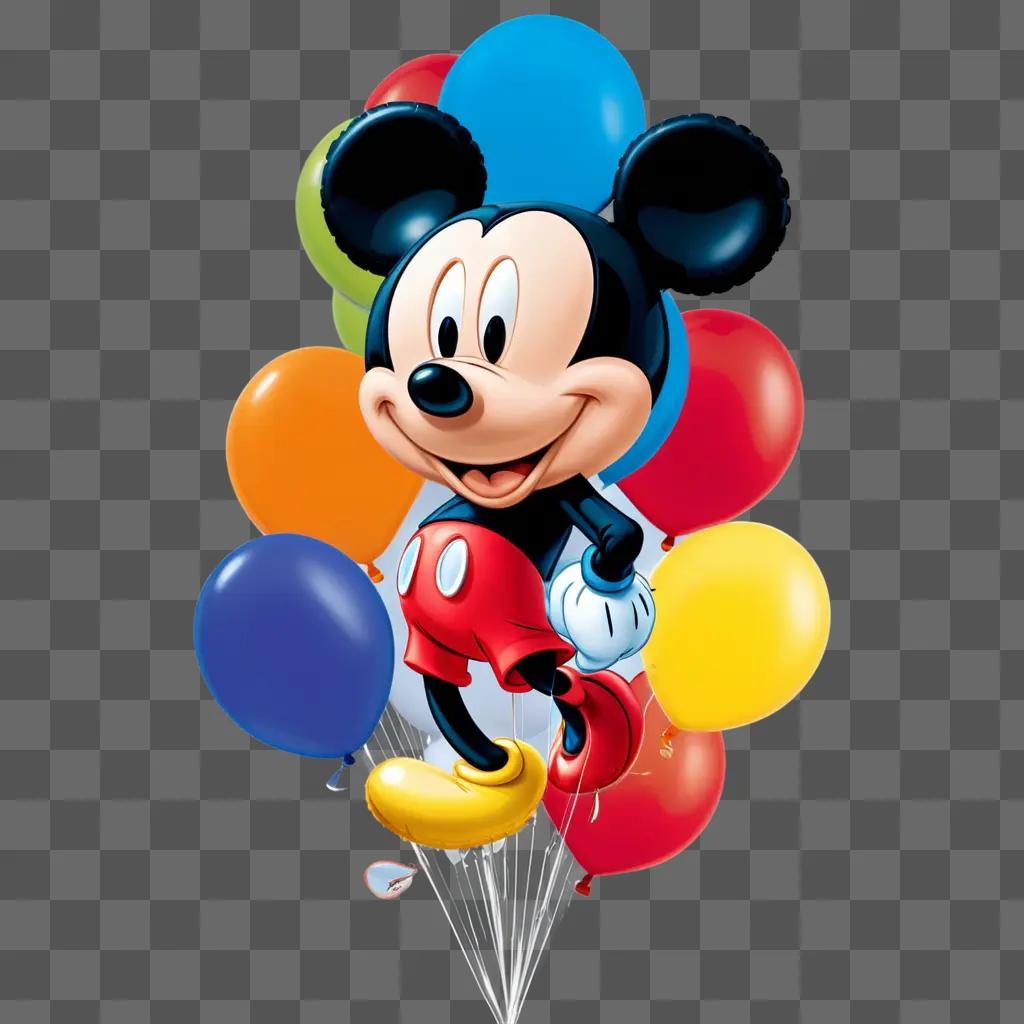 Mickey Mouse holding balloons on a colorful background