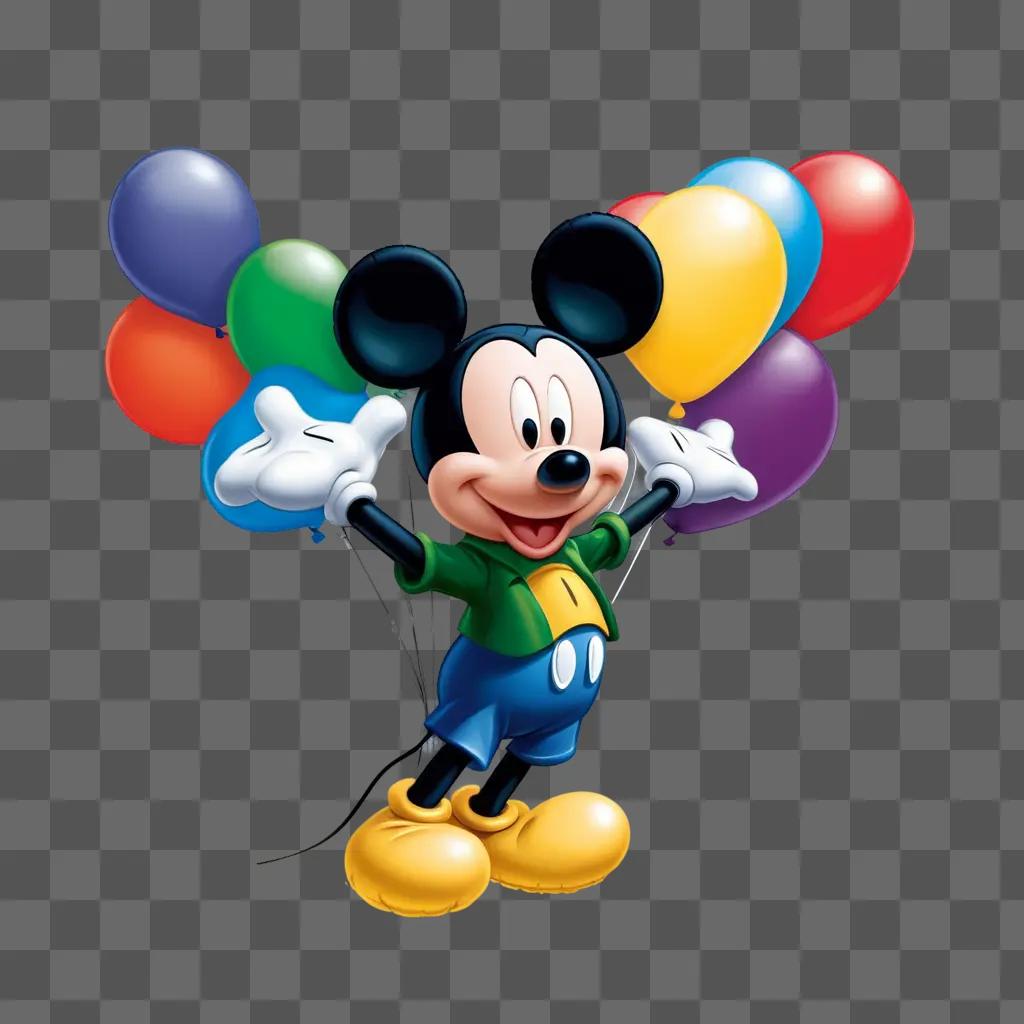 Mickey Mouse in the air with colorful balloons