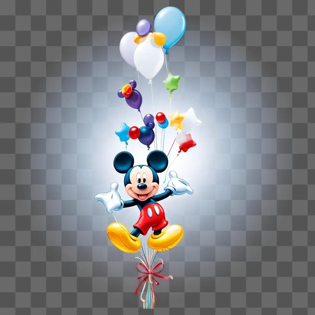 Mickey Mouse is surrounded by balloons with stars and other colors