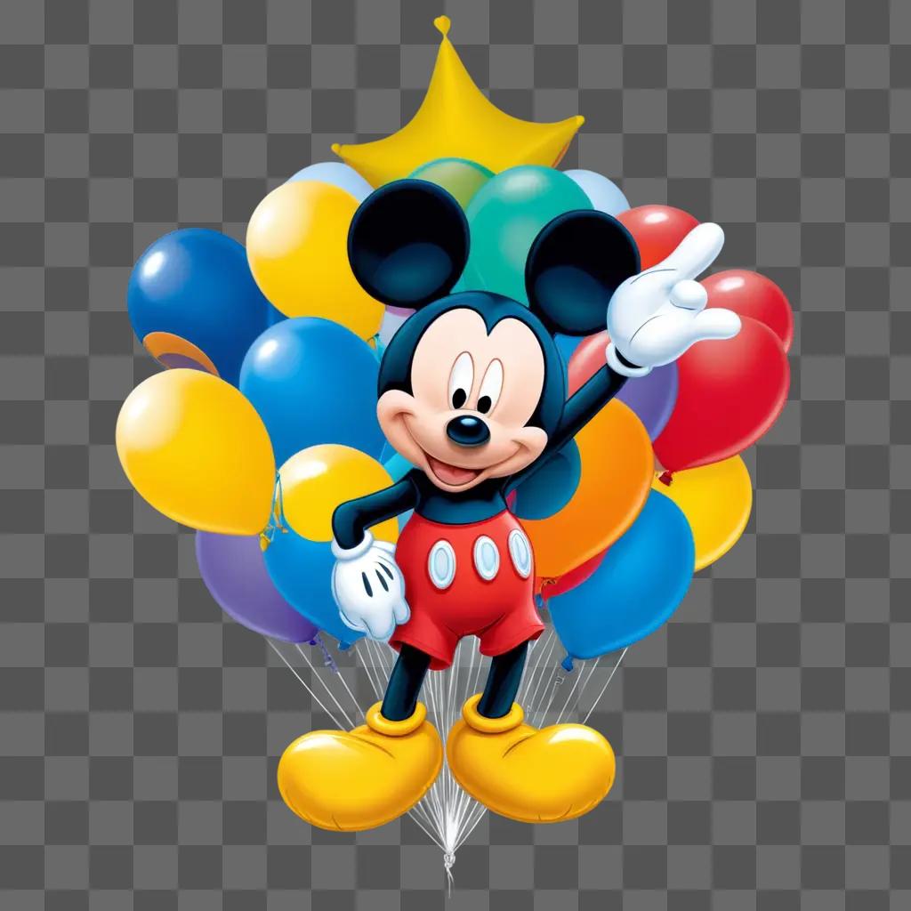 Mickey Mouse surrounded by colorful balloons