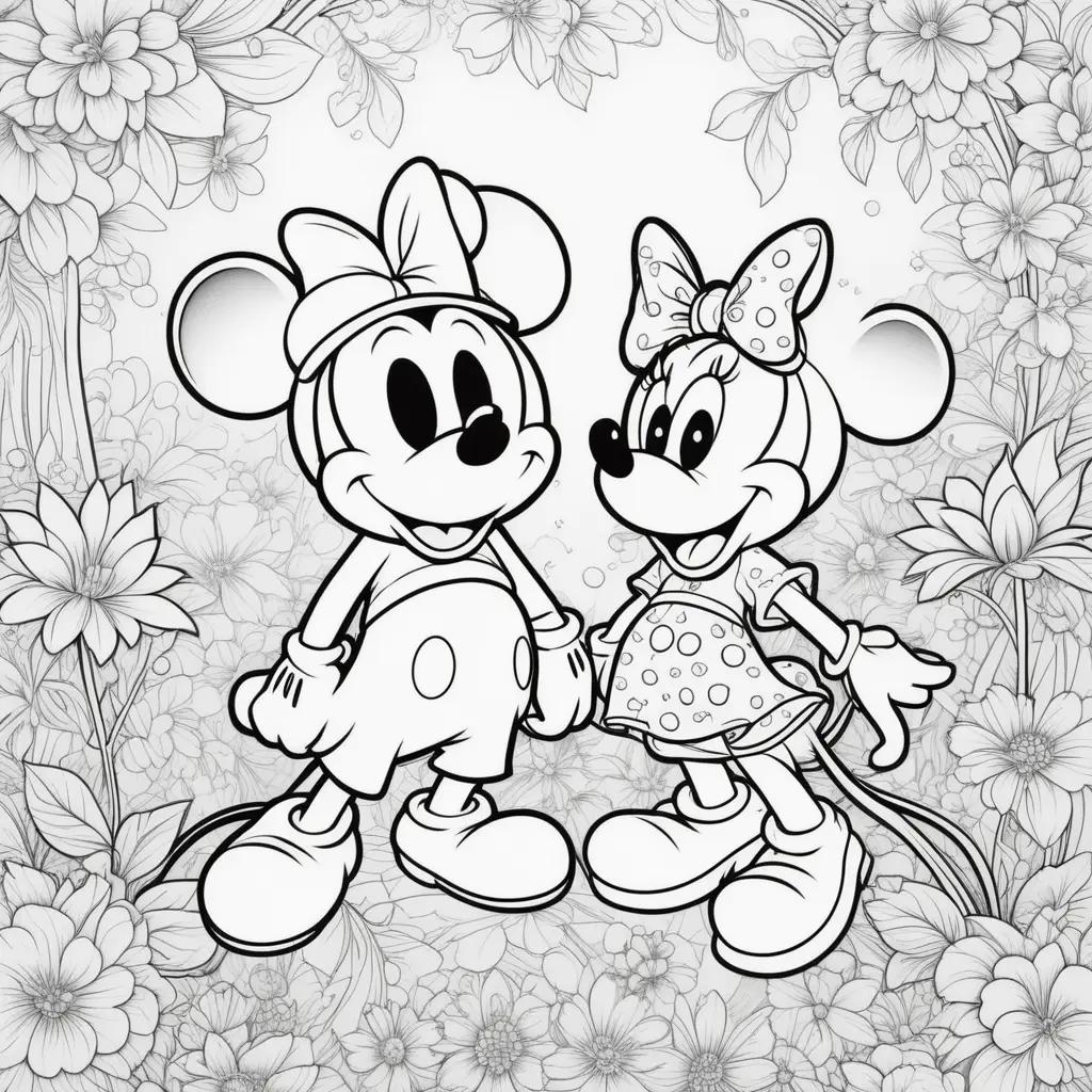 Mickey and Minnie coloring pages with flowers