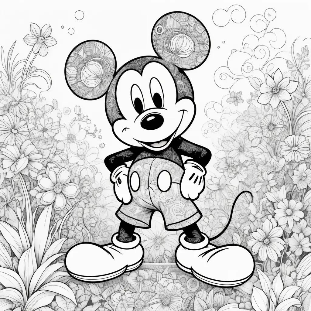 Mickey coloring page with flowers and other patterns