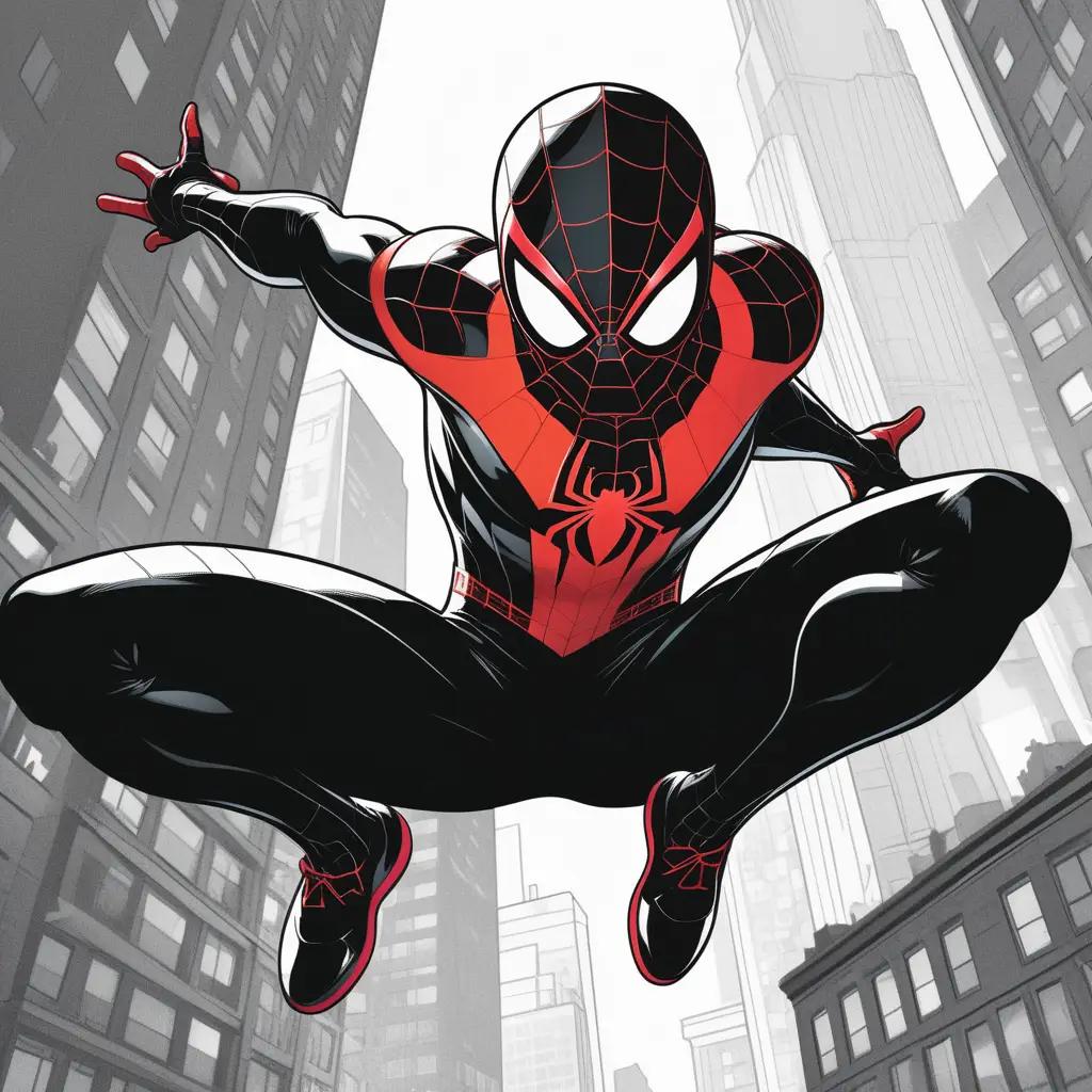 Miles Morales, a Spiderman color page, leaps in the air