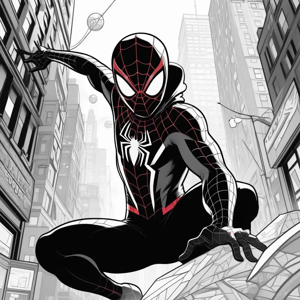 Miles Morales coloring page features a Spiderman in a cityscape