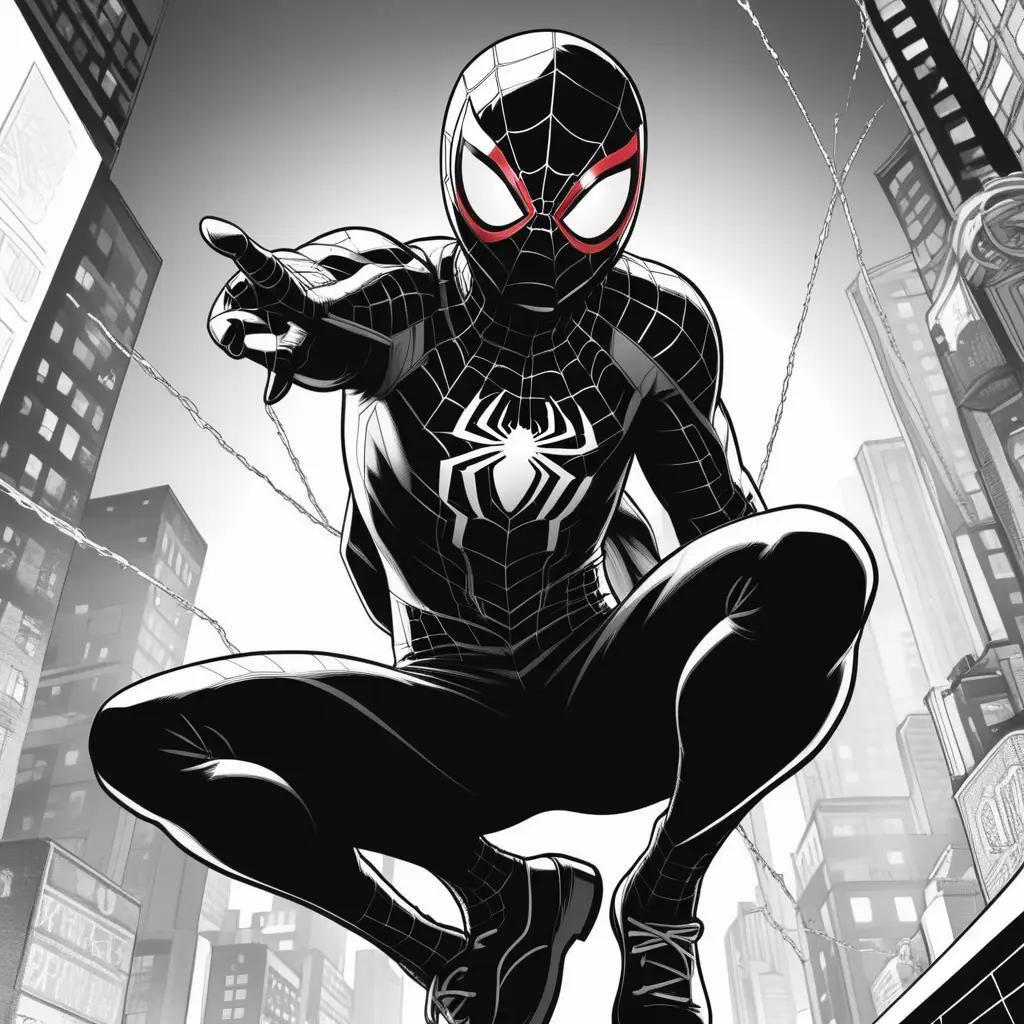 Miles Morales in a black and red suit in the city