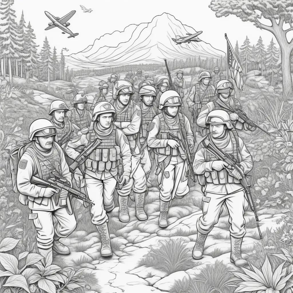 Military coloring pages featuring soldiers, planes, and mountains