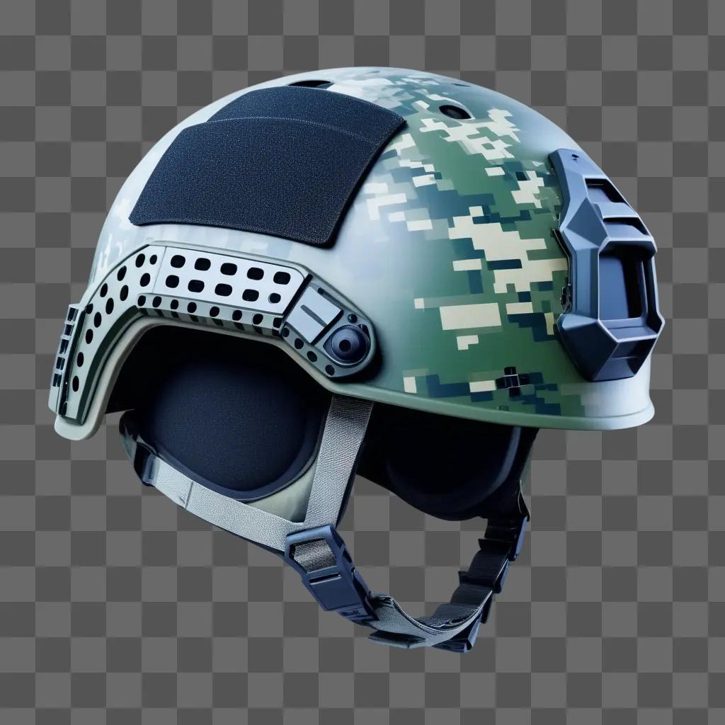 Military helmet with camo pattern on gray background