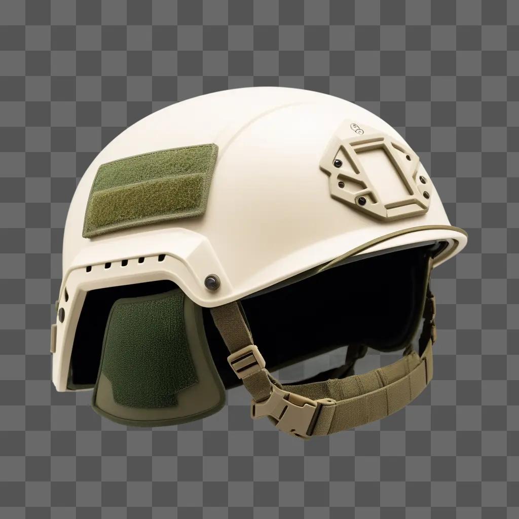 Military helmet with green padding and a brown patch