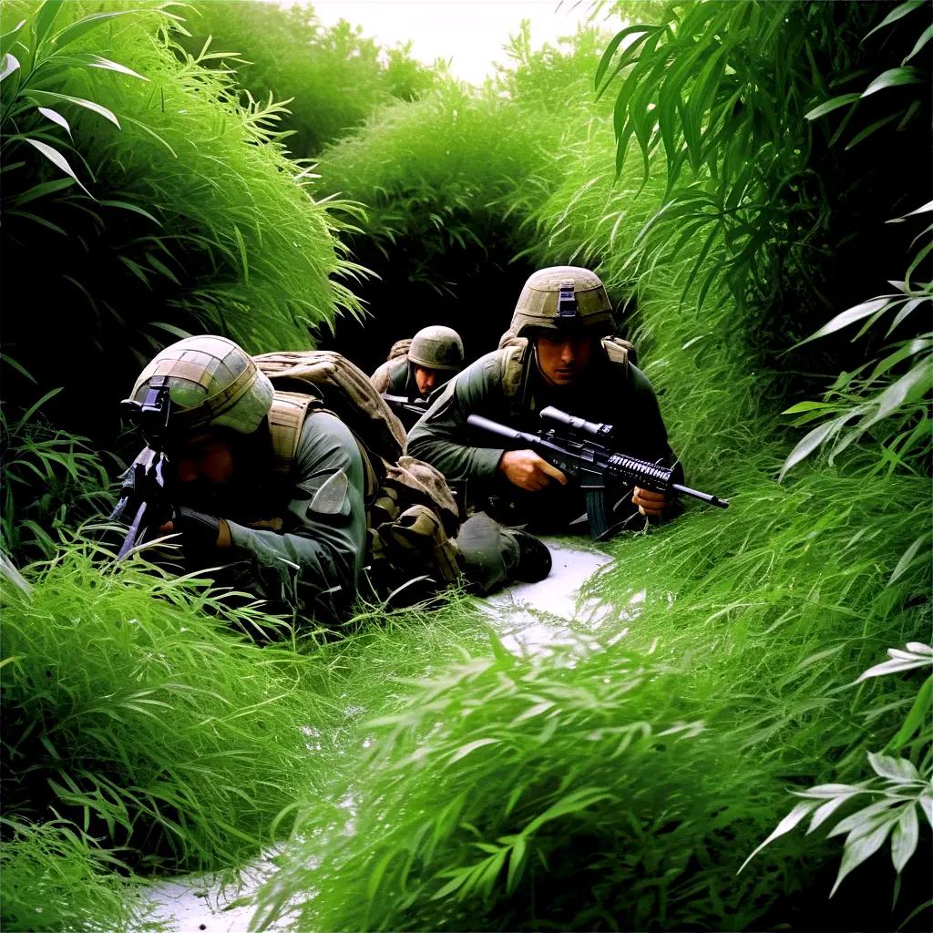 Military men ambush a group of people in the jungle