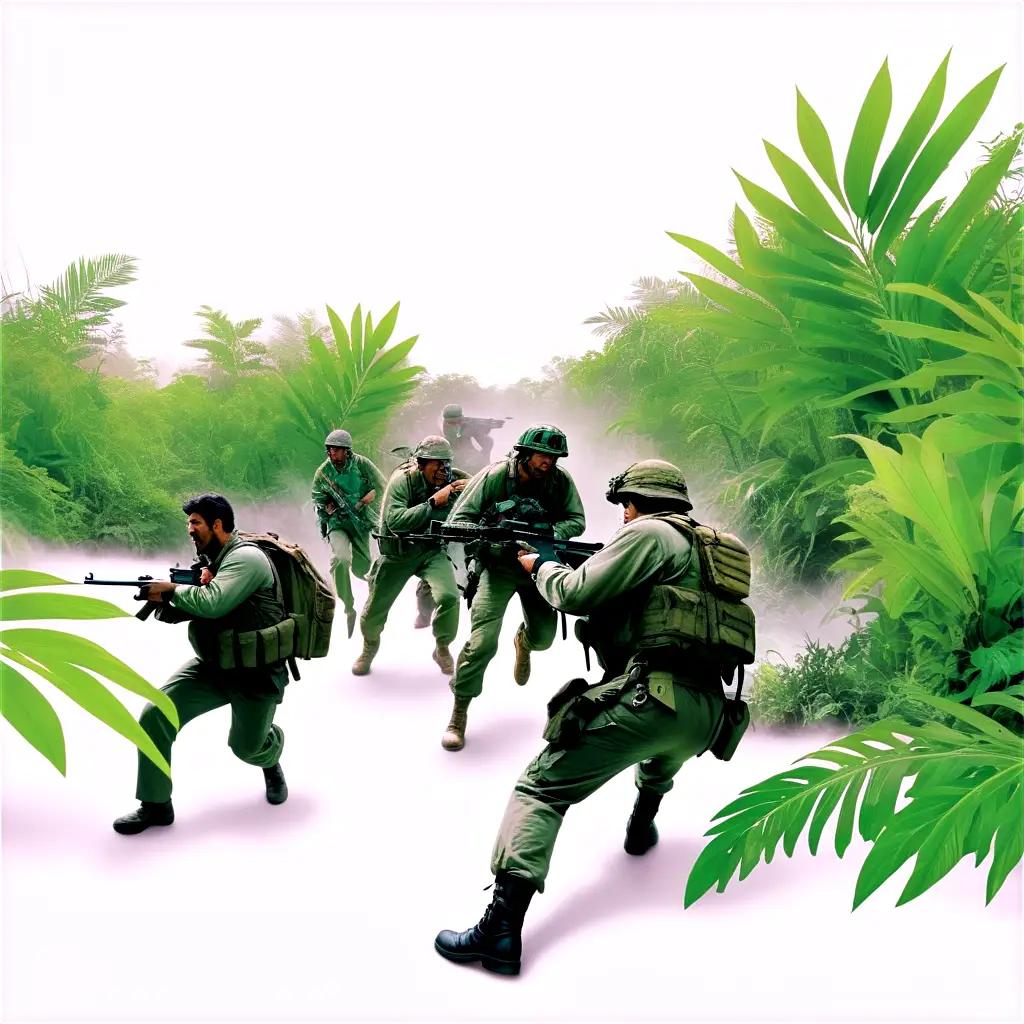 Military men ambushing an enemy in jungle