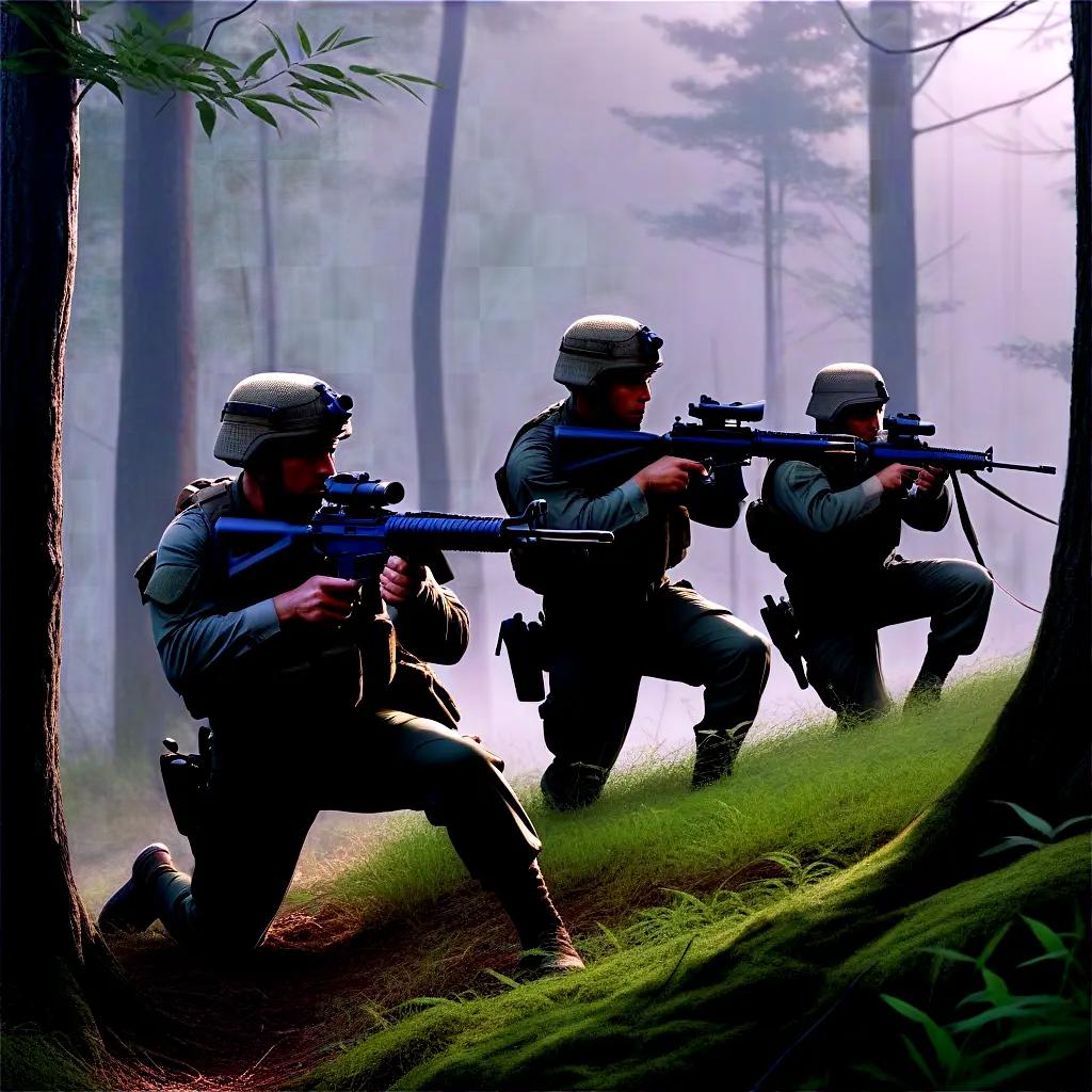 Military men on a mission in the woods