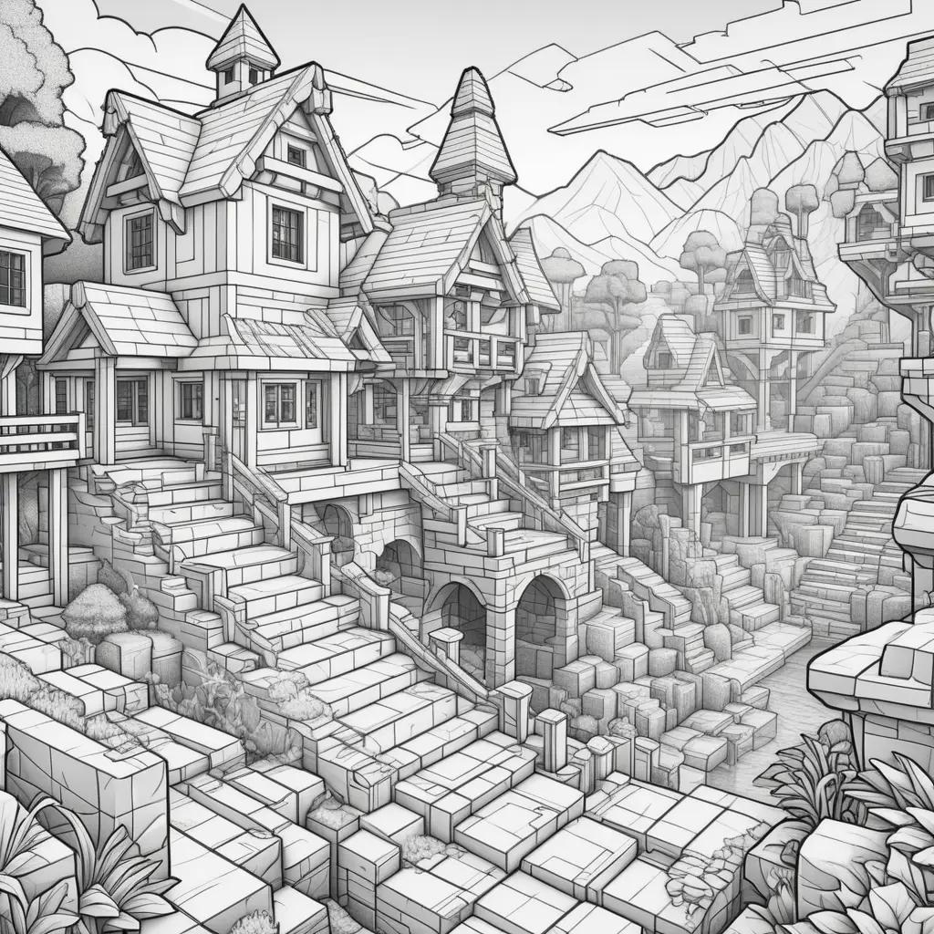 Minecraftの塗り絵:家や山の白黒の絵