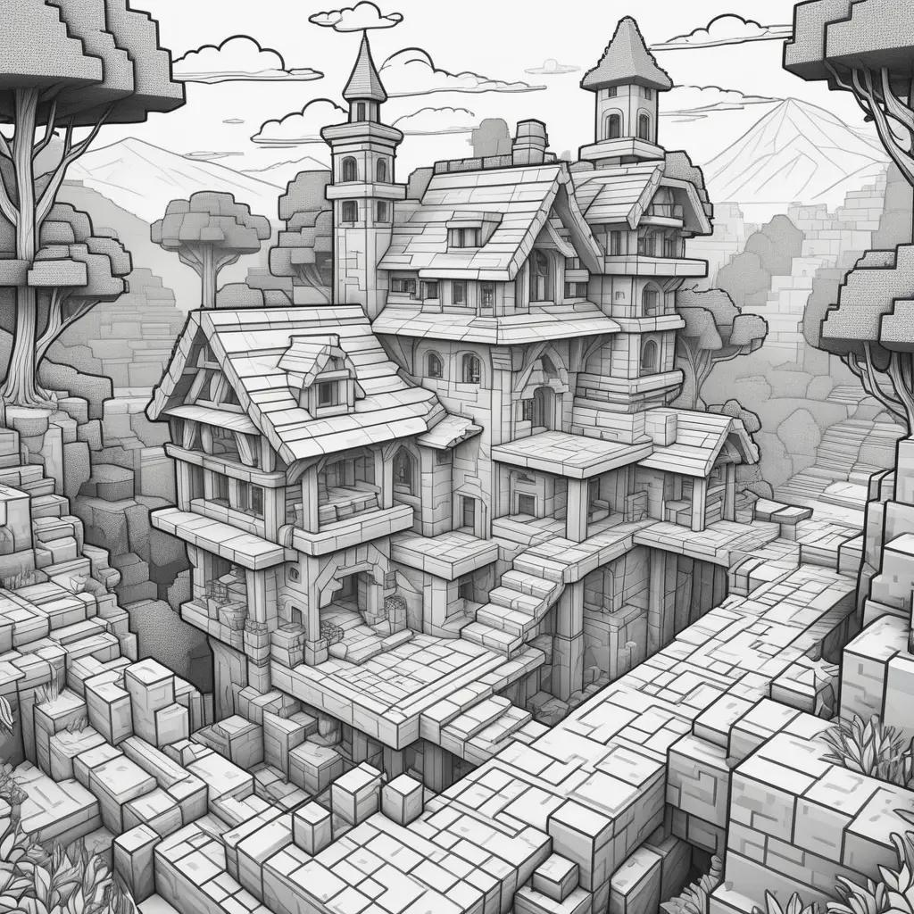 Minecraftのぬりえ:村の白黒の絵