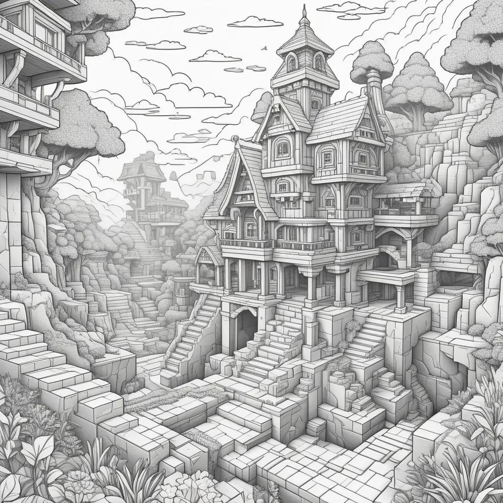 Minecraftのぬりえ:階段のある漫画の家